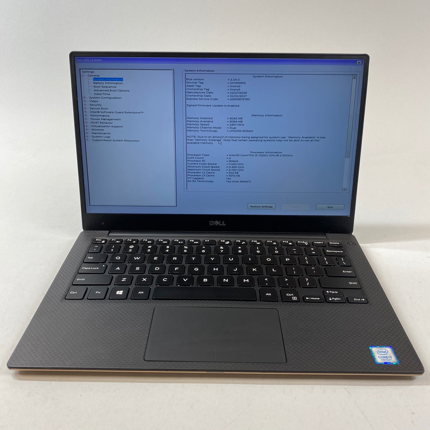 Dell XPS 13 9360 13.3" i5-7200U 2.5GHz 8GB Ram 256GB SSD