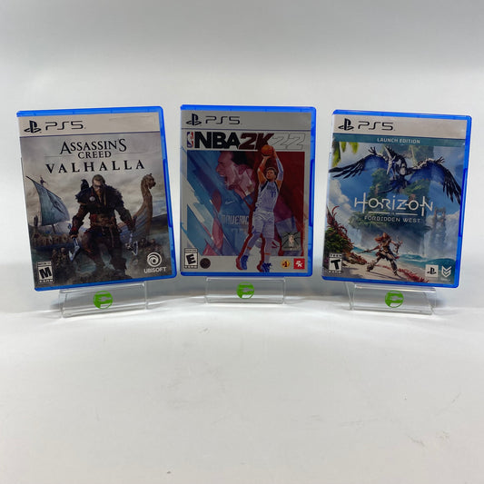 Lot of 3 Sony PlayStation 5 PS5 Games - Assassin's Creed Valhalla, NBA 2K22, and Horizon Forbidden West Launch Edition