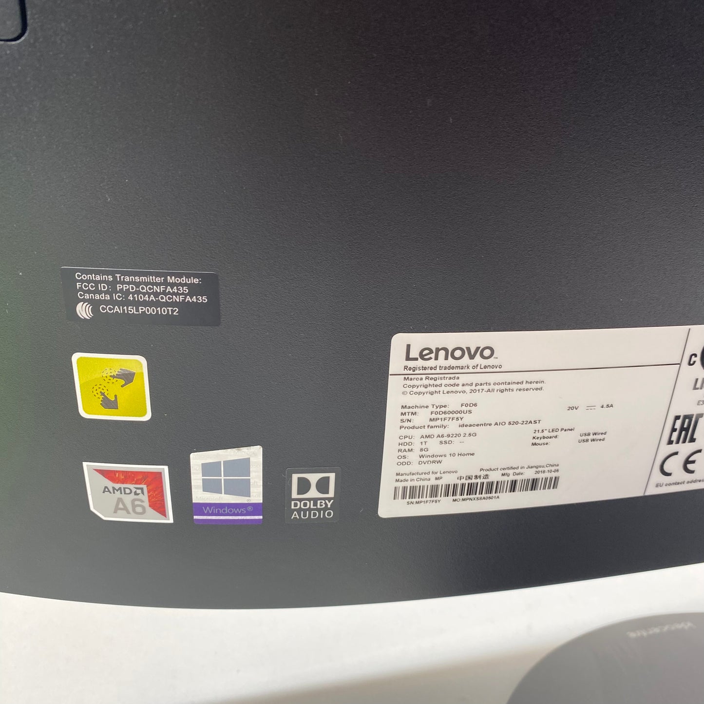 Lenovo AIO 520-22AST 23.8" A6-9200 2.50GHz 8GB RAM 1TB HDD