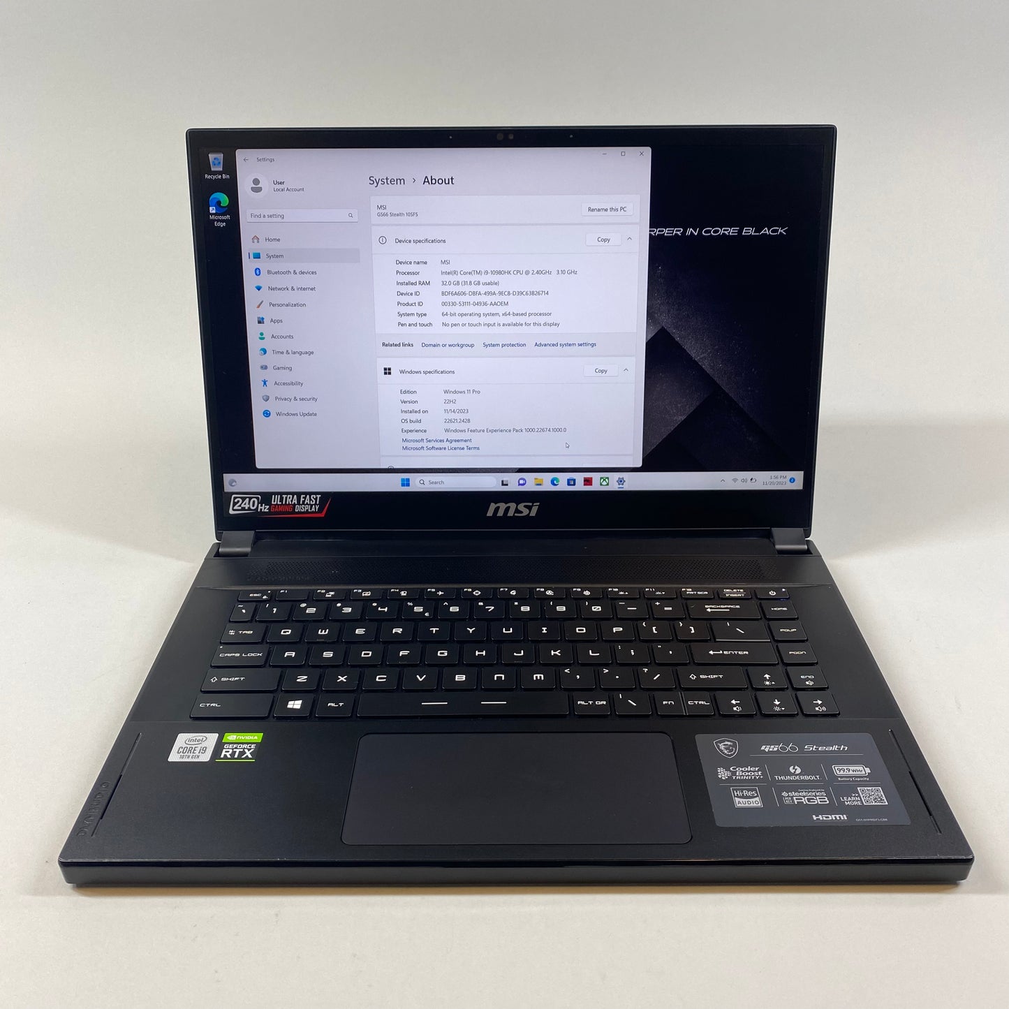 MSI GS66 Stealth MS-16V1 15.6" i9-10980HK 2.4GHz 32GB RAM 1TB SSD RTX 2070 Super w/ Max-Q Design