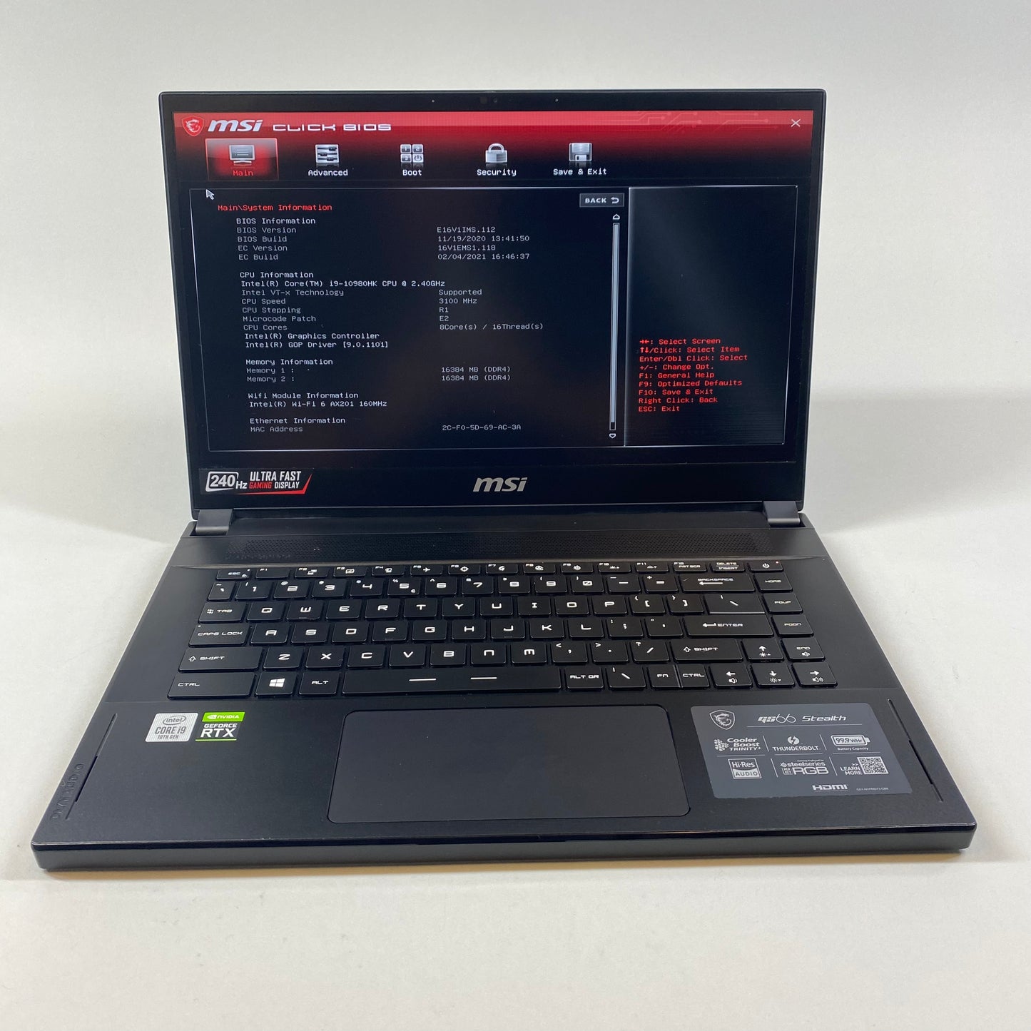 MSI GS66 Stealth MS-16V1 15.6" i9-10980HK 2.4GHz 32GB RAM 1TB SSD RTX 2070 Super w/ Max-Q Design