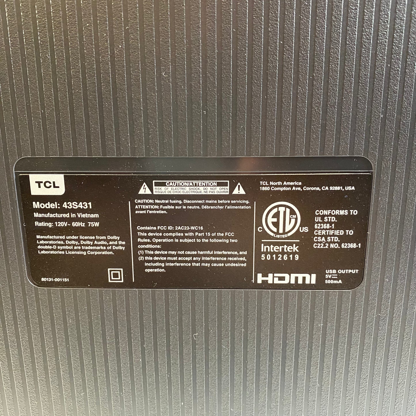 TCL Television 43" 43S431 4K UHD 50/60Hz 3840 X2160 Pixels 2021