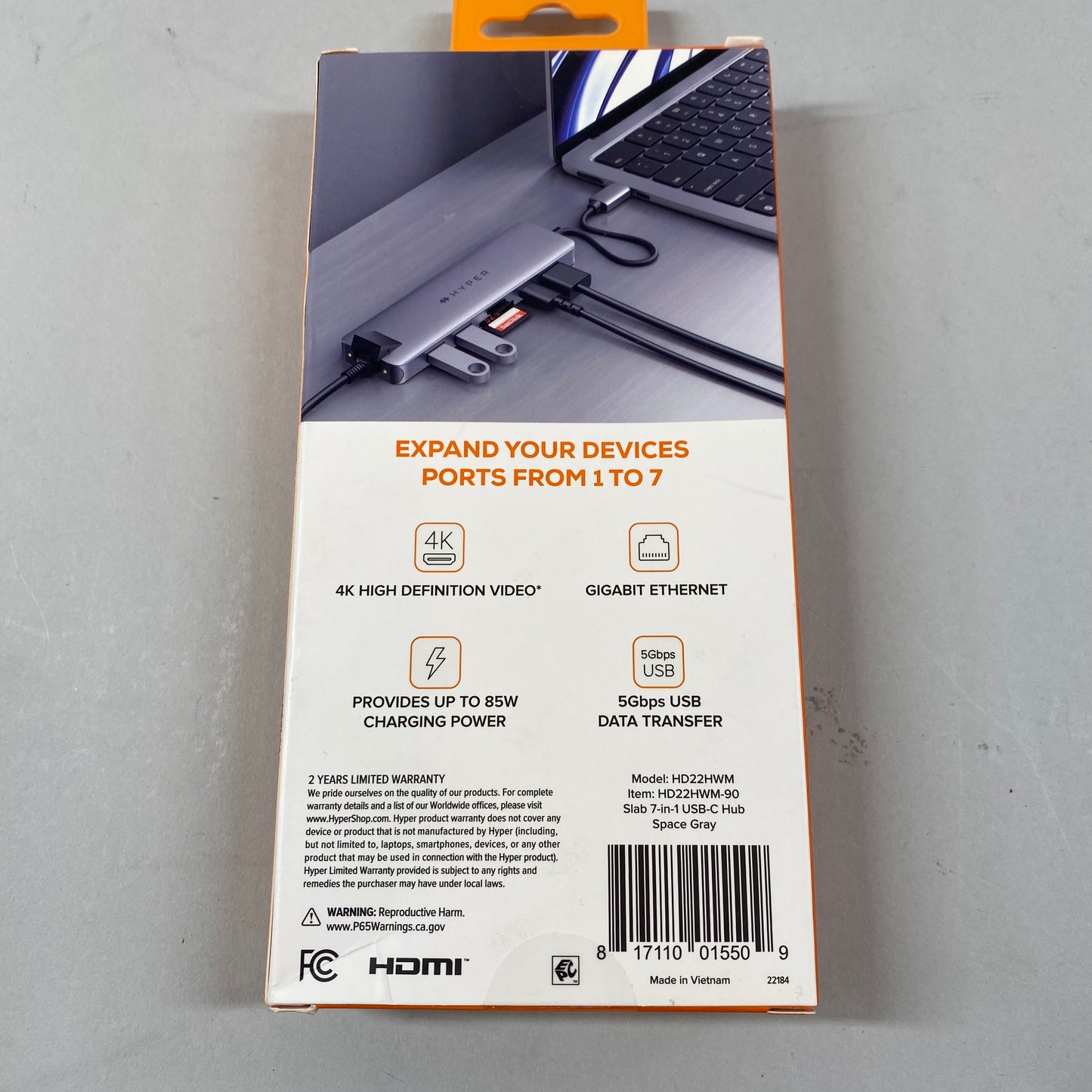 New Hyper HyperDrive Slab 7-in-1 USB-C HUB for Windows, PC, Mac, Chromebook HD22HWM Slate Gray