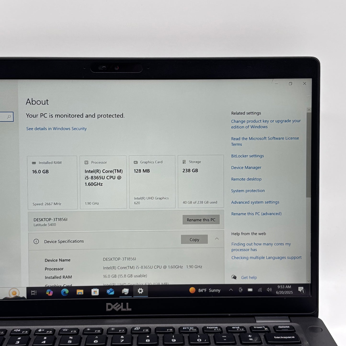 Dell Latitude 5400 P98G 14" i5-8365U 1.6GHz 16GB RAM 256GB SSD