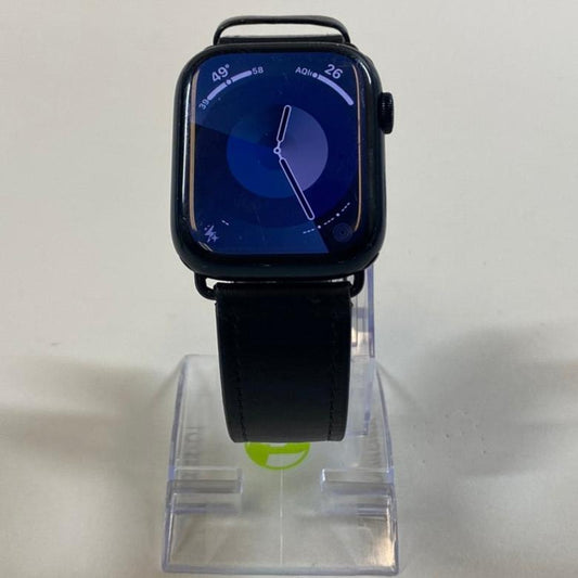 Factory Unlocked Apple Watch Series 7 45MM Midnight Aluminum Black Leather Band