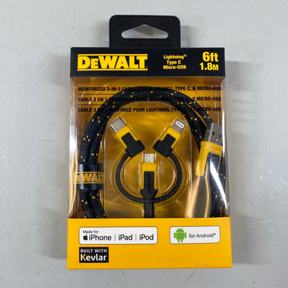 New DeWalt 6 ft. Reinforced 3-in-1 Lightning Type C & Micro-USB Charger