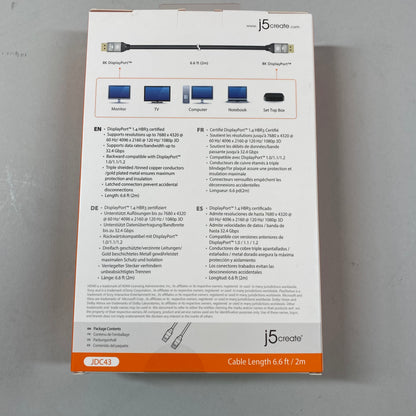 New j5create 8K @ 60 Hz / 4K @ 120 Hz 32.4Gbps DisplayPort Cable  6.6 ft JDC43